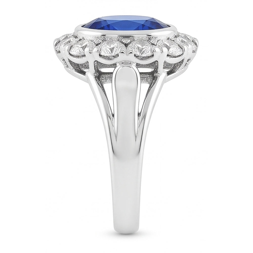 Halo Natural Earth Mined Diamond Wedding Ring Oval Ceylon Sapphire Bezel Set 4.50 Carats