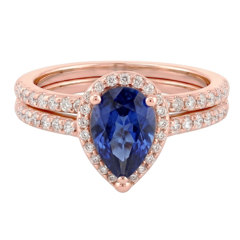 Halo Natural Earth Mined Diamond Wedding Ring Set Blue Sapphire & Diamonds 4.50 Carats