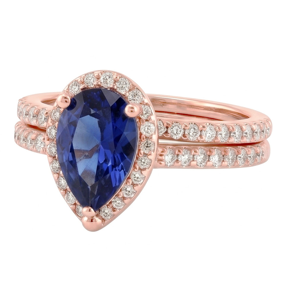 Halo Natural Earth Mined Diamond Wedding Ring Set Blue Sapphire & Diamonds 4.50 Carats