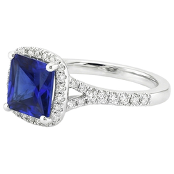 Halo Natural Earth Mined Diamond & Blue Sapphire Ring With Accents V Split Shank 6 Carats