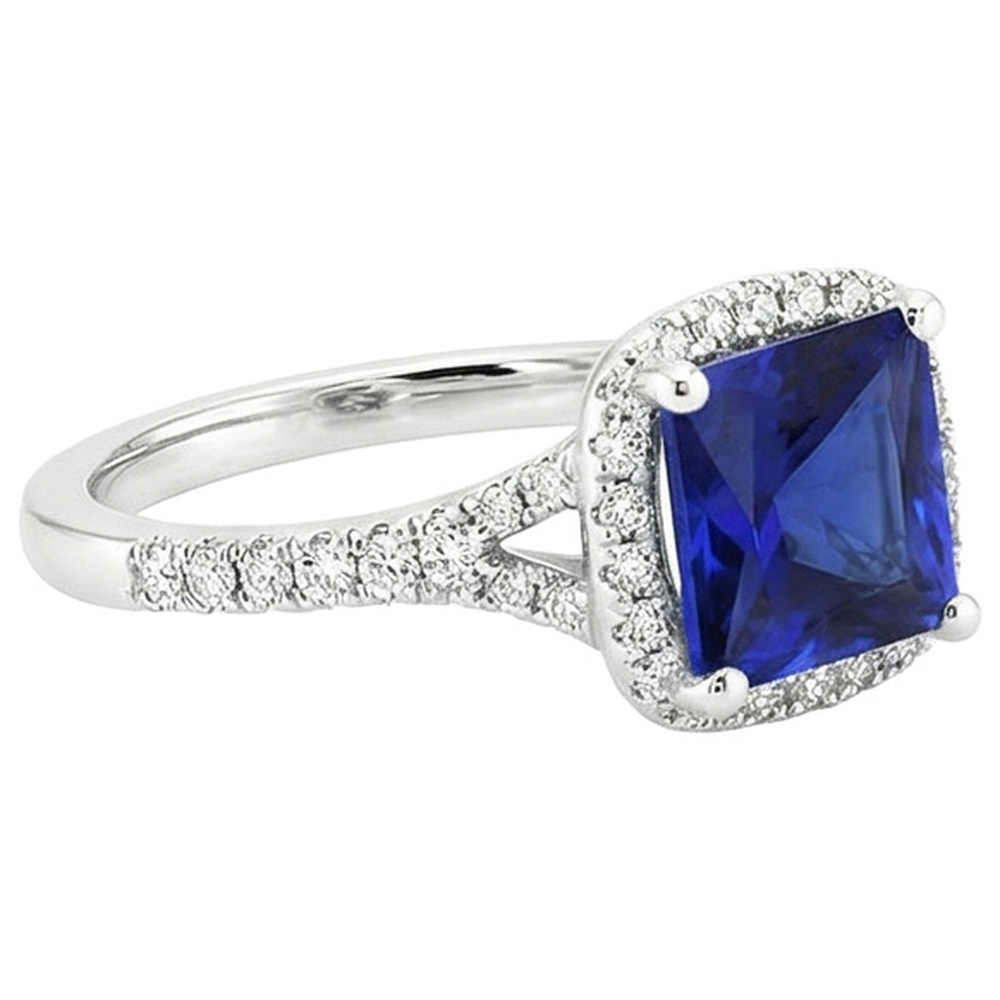 Halo Natural Earth Mined Diamond & Blue Sapphire Ring With Accents V Split Shank 6 Carats