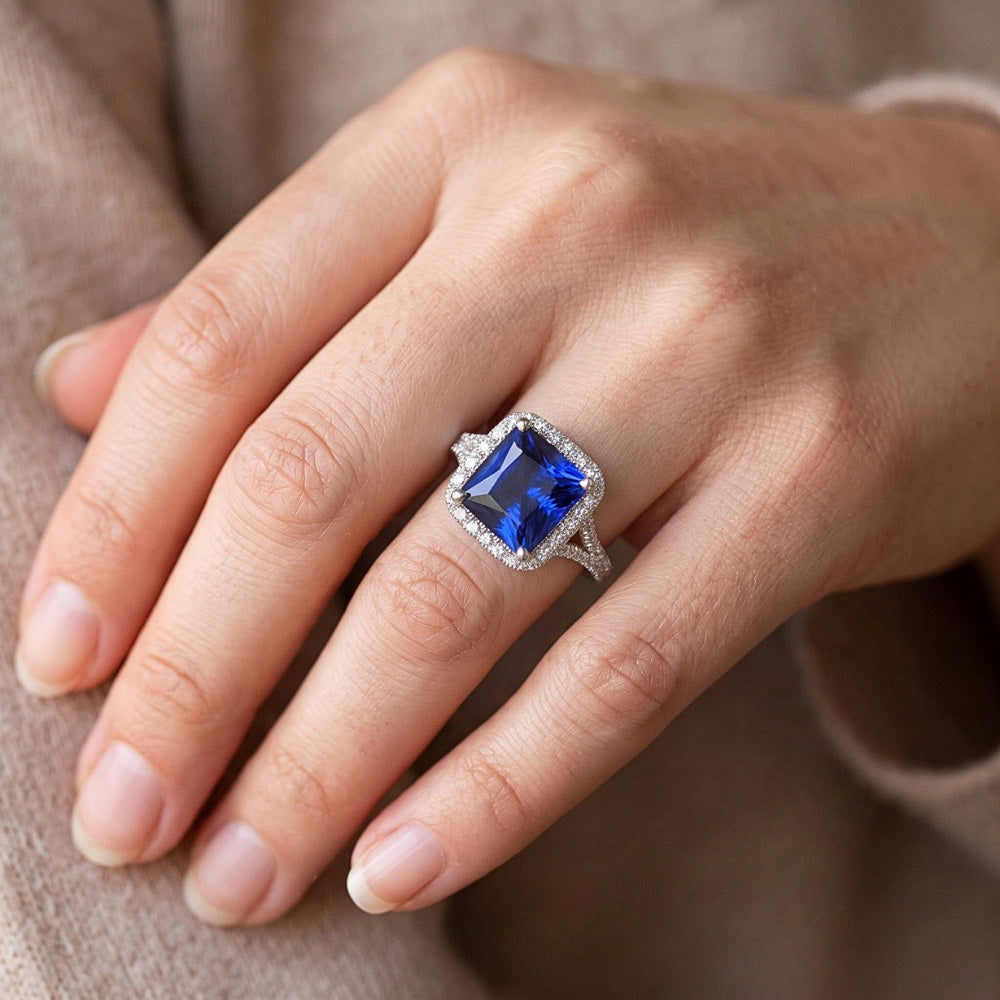 Halo Natural Earth Mined Diamond & Blue Sapphire Ring With Accents V Split Shank 6 Carats