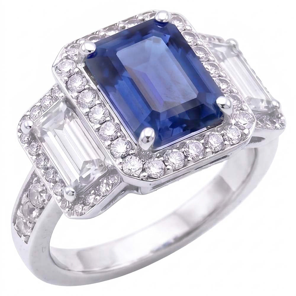 Halo Natural Earth Mined Diamonds Engagement Ring With Sapphire