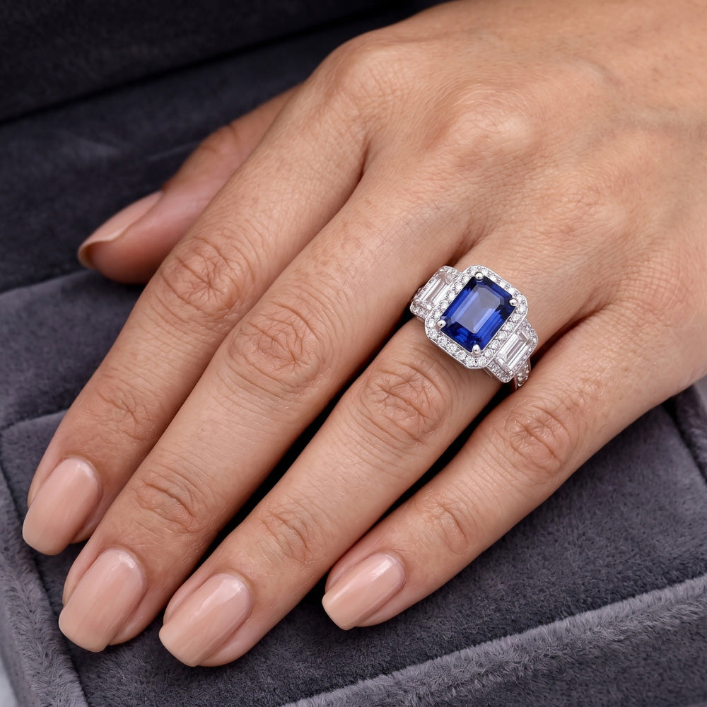 Halo Natural Earth Mined Diamonds Engagement Ring With Sapphire