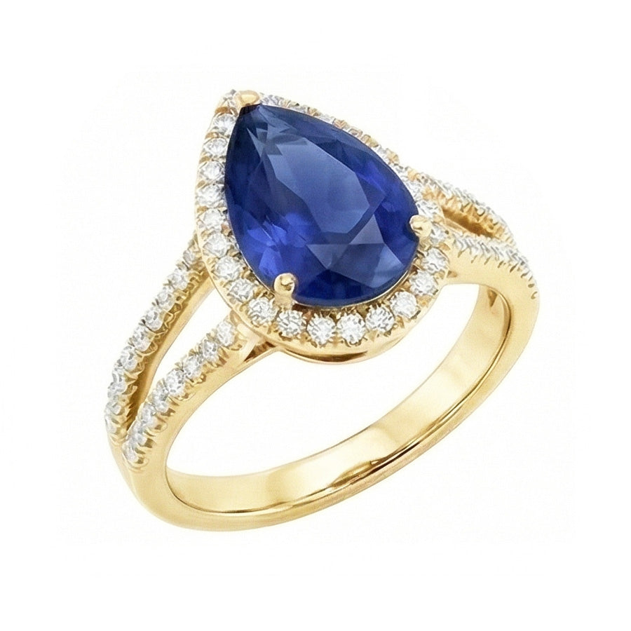 Halo Natural Earth Mined Diamonds Ring & Sri Lanka Pear Sapphire 8 Carats Split Shank