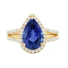 Halo Natural Earth Mined Diamonds Ring & Sri Lanka Pear Sapphire 8 Carats Split Shank
