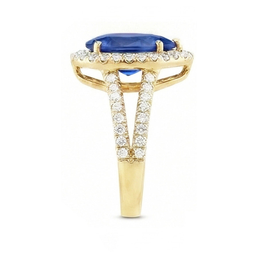 Halo Natural Earth Mined Diamonds Ring & Sri Lanka Pear Sapphire 8 Carats Split Shank