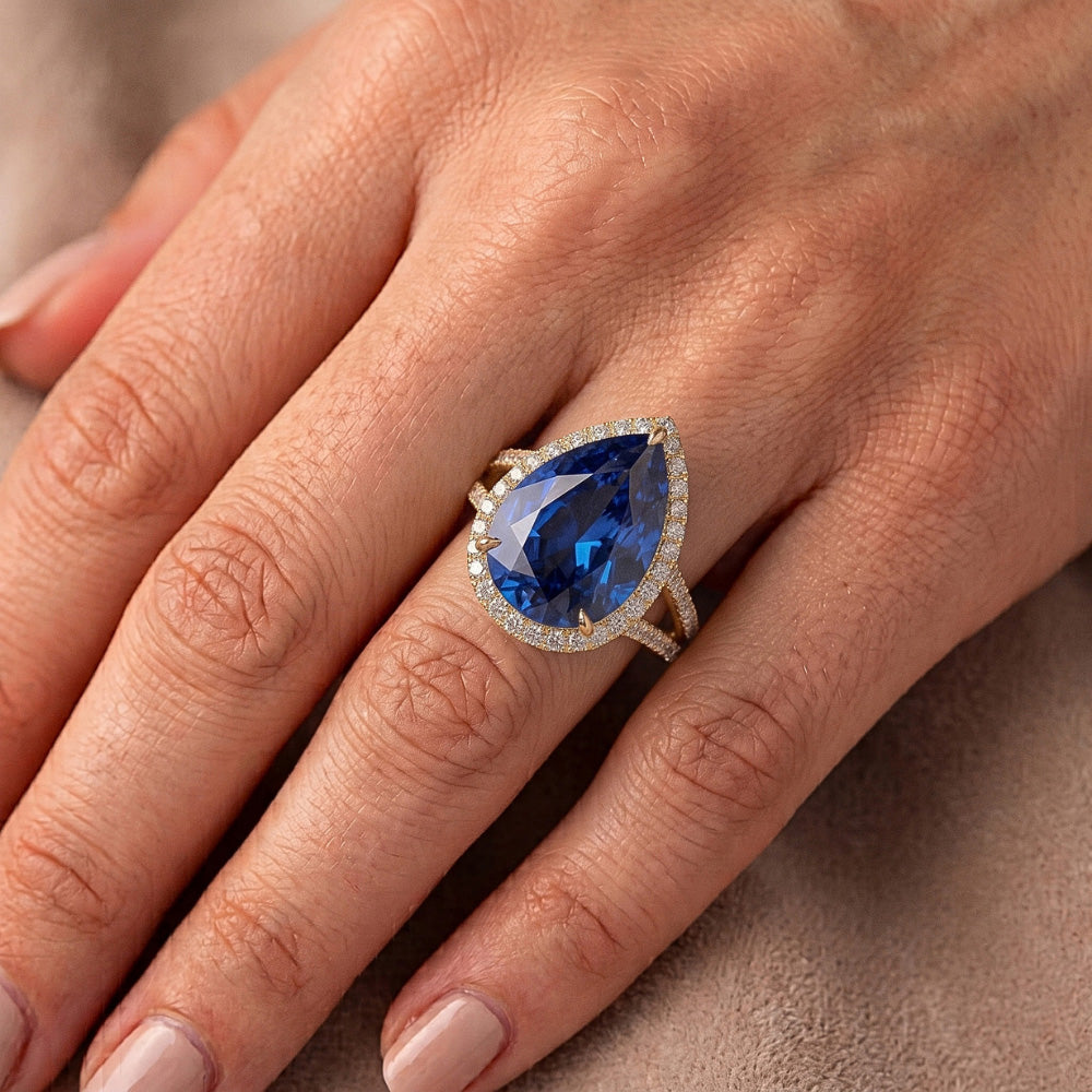 Halo Natural Earth Mined Diamonds Ring & Sri Lanka Pear Sapphire 8 Carats Split Shank