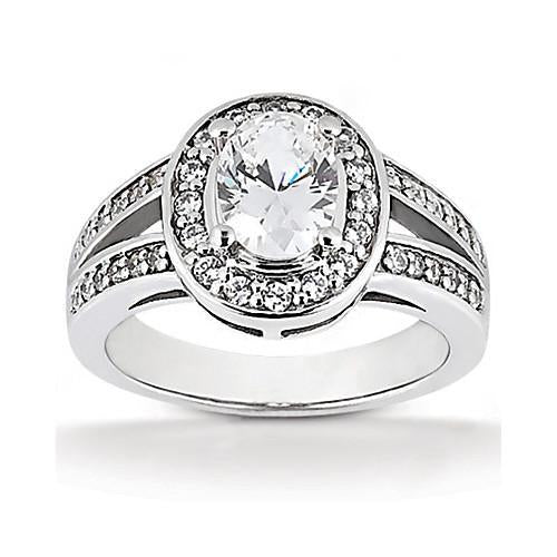 Halo Nature Diamond Solitaire Oval Ring With Accent 1.71 Carat White Gold 14K