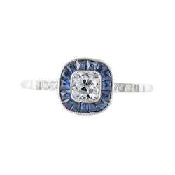 Halo Old Cut Cushion Real Natural Earth Mined Diamond & Trapezoid Sapphire Ring 2.75 Carats