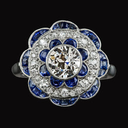 Halo Old Cut Natural Diamond & Blue Sapphires Ring Flower Style 4.50 Carats
