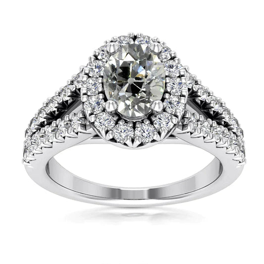 Halo Old Cut Oval & Round Real Diamond Ring Split Shank 5 Carats White Gold