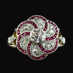 Halo Old Cut Real Diamond & Trapezoid Rubies Ring Flower Style 4 Carats