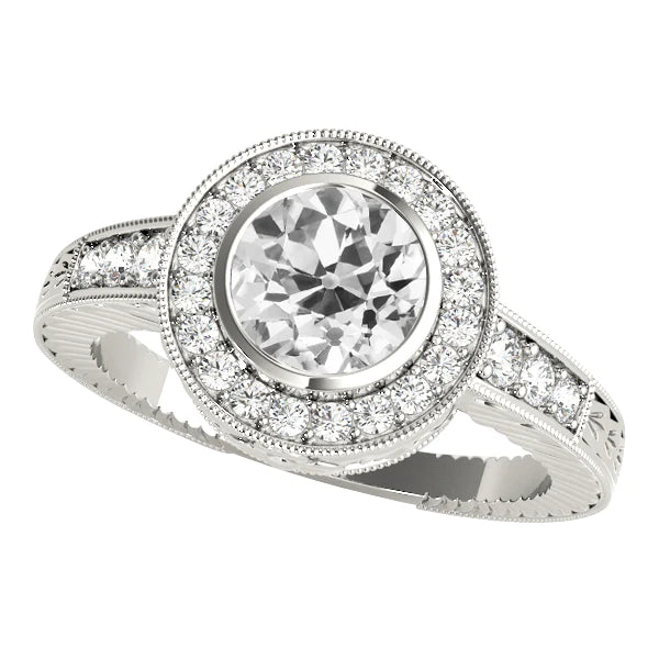 Halo Old Cut Real Round Diamond Ring Bezel Set 3.75 Carats White Gold