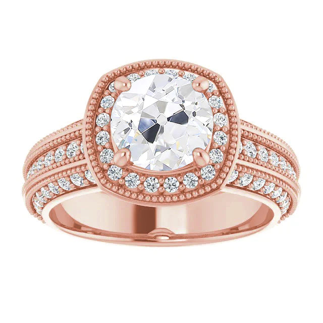 Halo Old Cut Round Real Diamond Ring Vintage Style 4.75 Carats Rose Gold