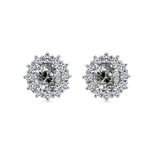 Halo Old European Natural Earth Mined Diamond Studs Flower Style Gold Earrings 4 Carats