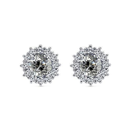 Halo Old European Real Diamond Studs Flower Style Gold Earrings 4 Carats