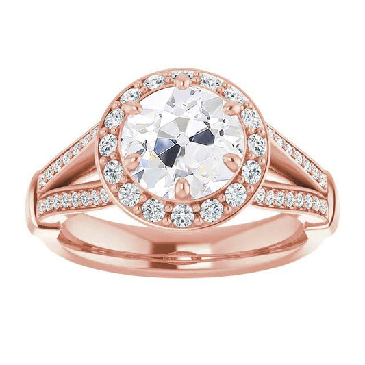 Halo Old Mine Cut Natural Diamond Ring Split Shank Rose Gold 6.75 Carats