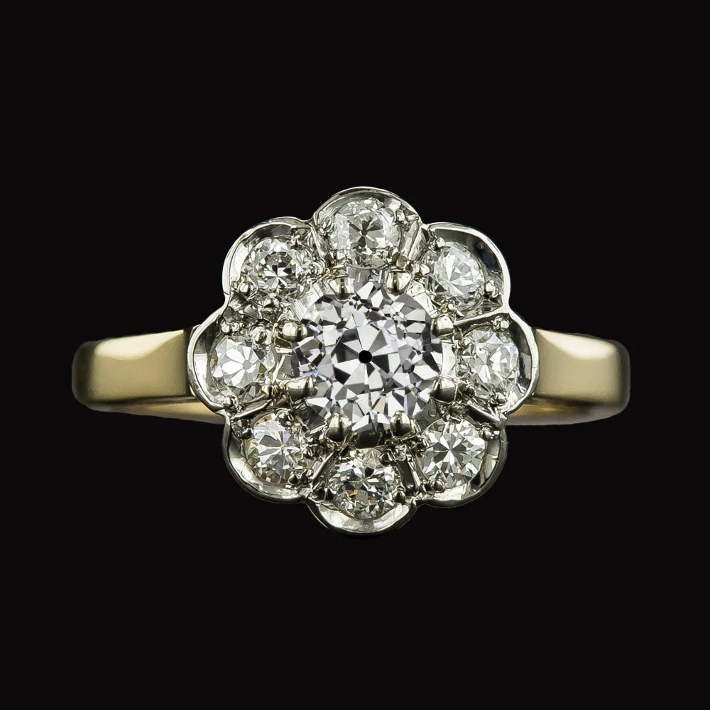 Halo Old Mine Cut Real Diamond Ring Two Tone Flower Style Jewelry 3 Carats