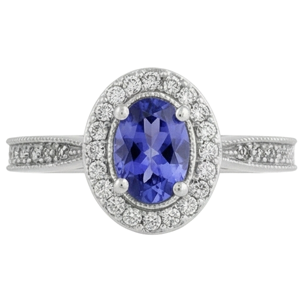 Halo Oval 10.25 Carats Tanzanite & Natural Earth Mined Diamonds Ring White Gold 14K