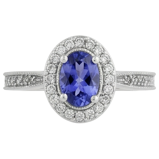 Halo Oval 10.25 Carats Tanzanite & Natural Earth Mined Diamonds Ring White Gold 14K