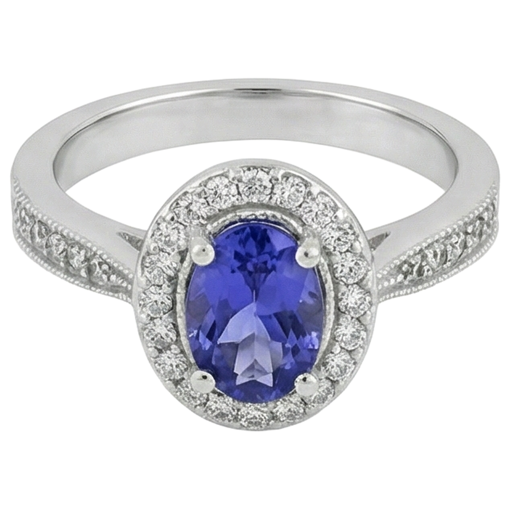 Halo Oval 10.25 Carats Tanzanite & Natural Earth Mined Diamonds Ring White Gold 14K