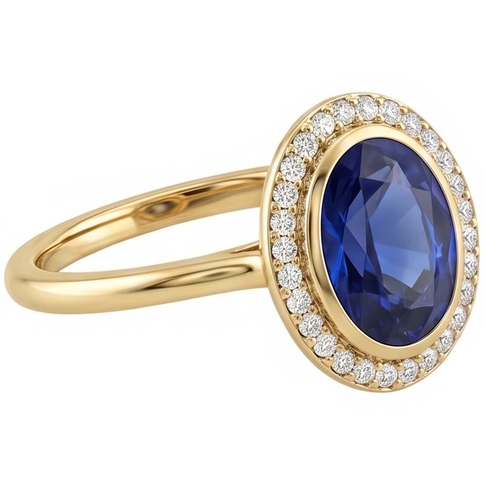 Halo Oval Blue Sapphire Ring & Natural Earth Mined Diamonds 3 Carats Gold