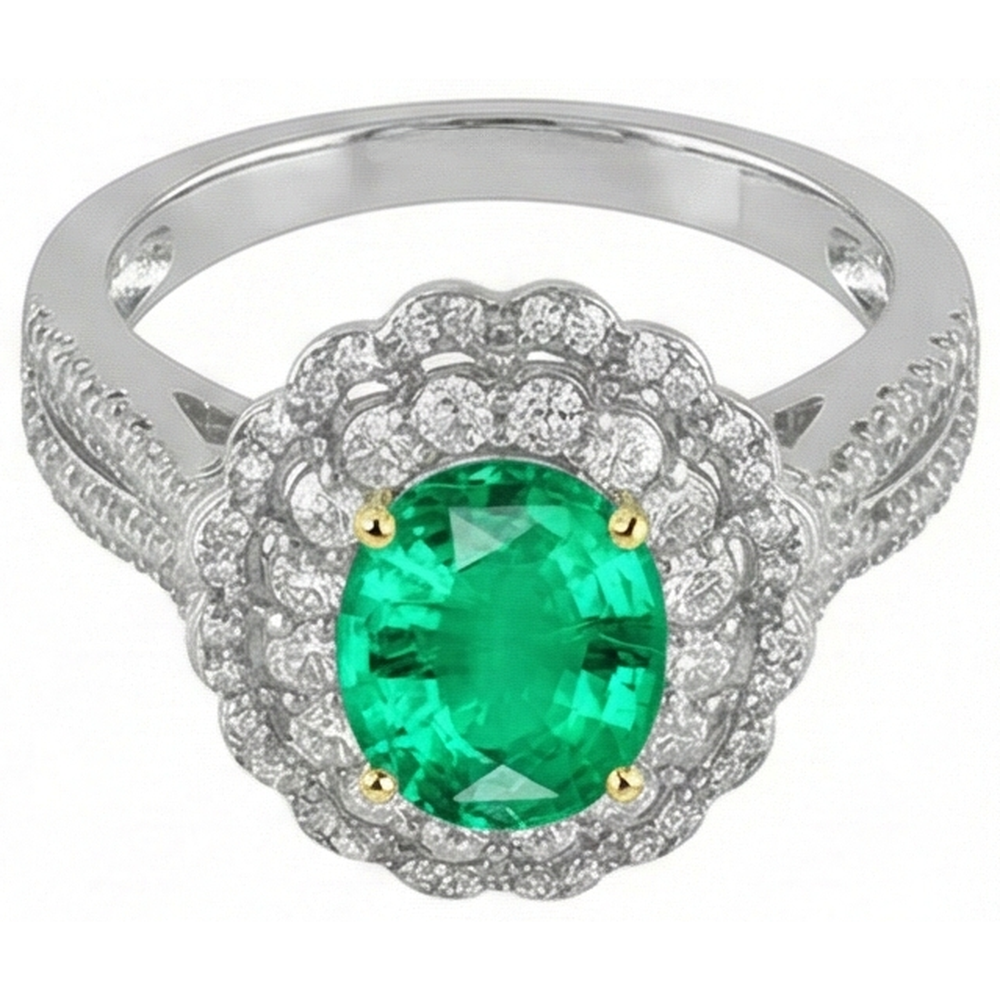 Fine Emerald Gemstone Ring 2-ct 14 Karat Two Tone Gold – front view