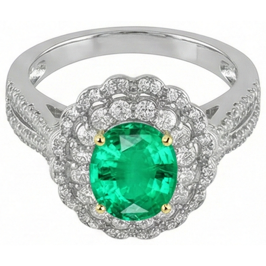 Fine Emerald Gemstone Ring 2-ct 14 Karat Two Tone Gold – front view
