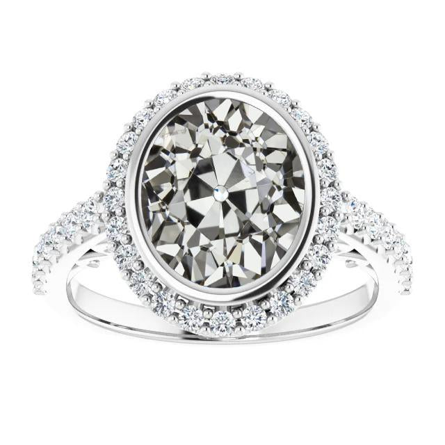 Halo Oval Old Mine Cut Genuine Diamond Ring Bezel Set 9.50 Carats