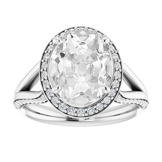 Halo Oval Old Mine Cut Real Diamond Ring Prong Set 9.50 Carats Split Shank