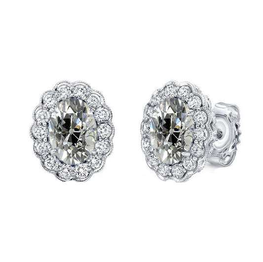 Halo Oval Real Old Miner Diamond Stud Earrings 7 Ct Flower Style Gold Backs