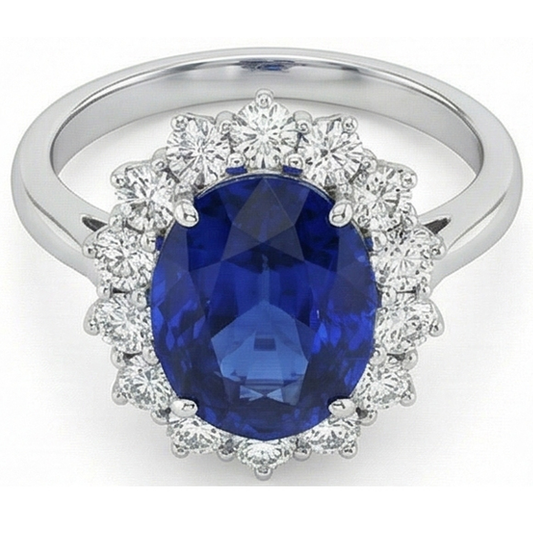 IGI CERTIFIED Halo Oval Sapphire Ring 5 Carats Diamond Flower Style