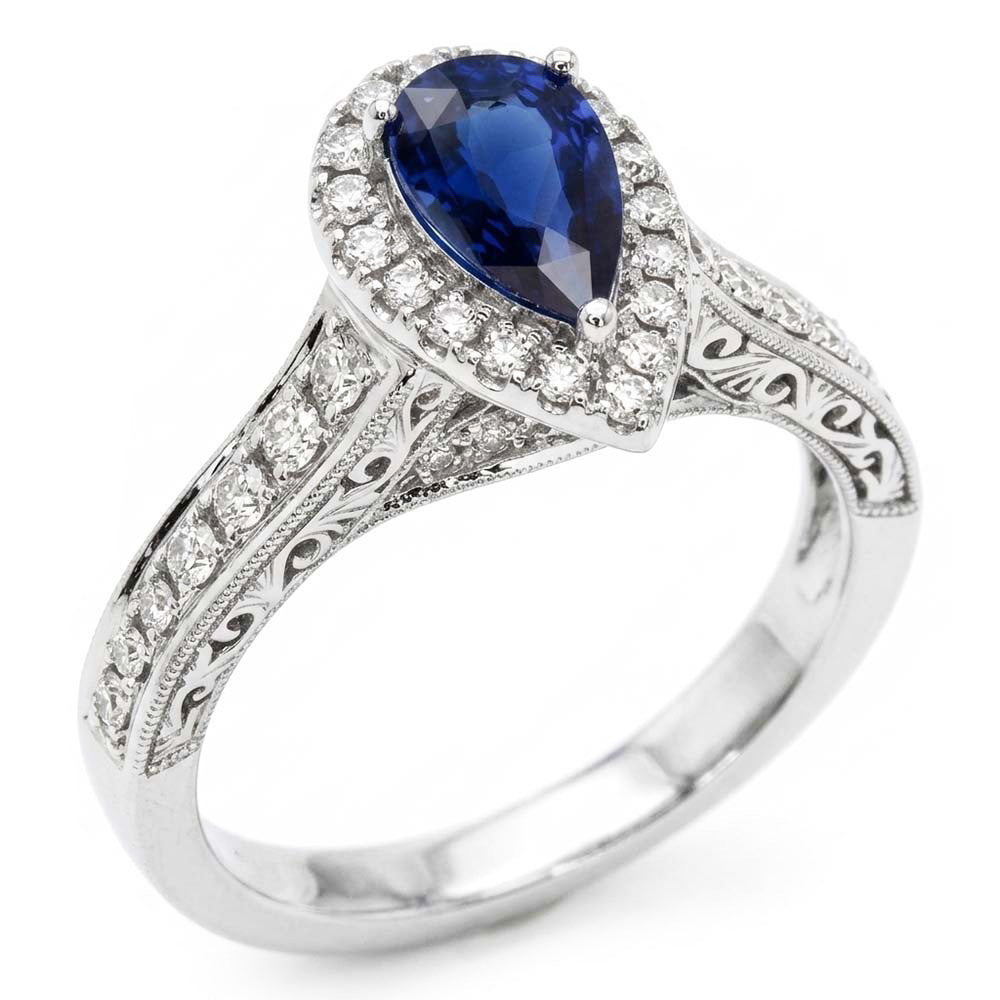 Halo Pear Cut Ceylon Sapphire Ring Antique Style Natural Earth Mined Diamond