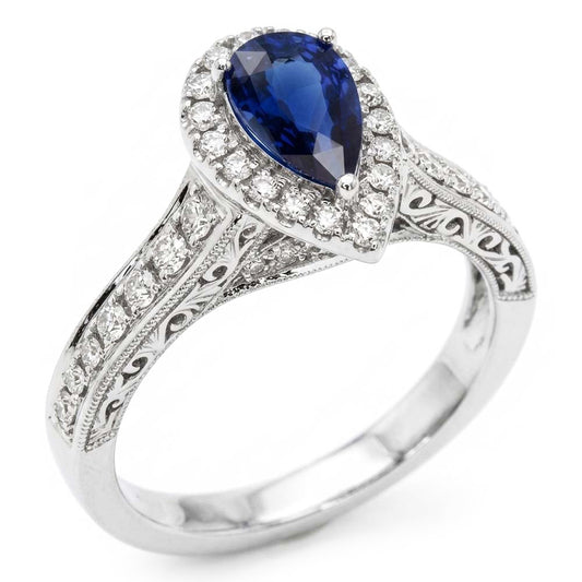 Halo Pear Cut Ceylon Sapphire Ring Antique Style Natural Earth Mined Diamond