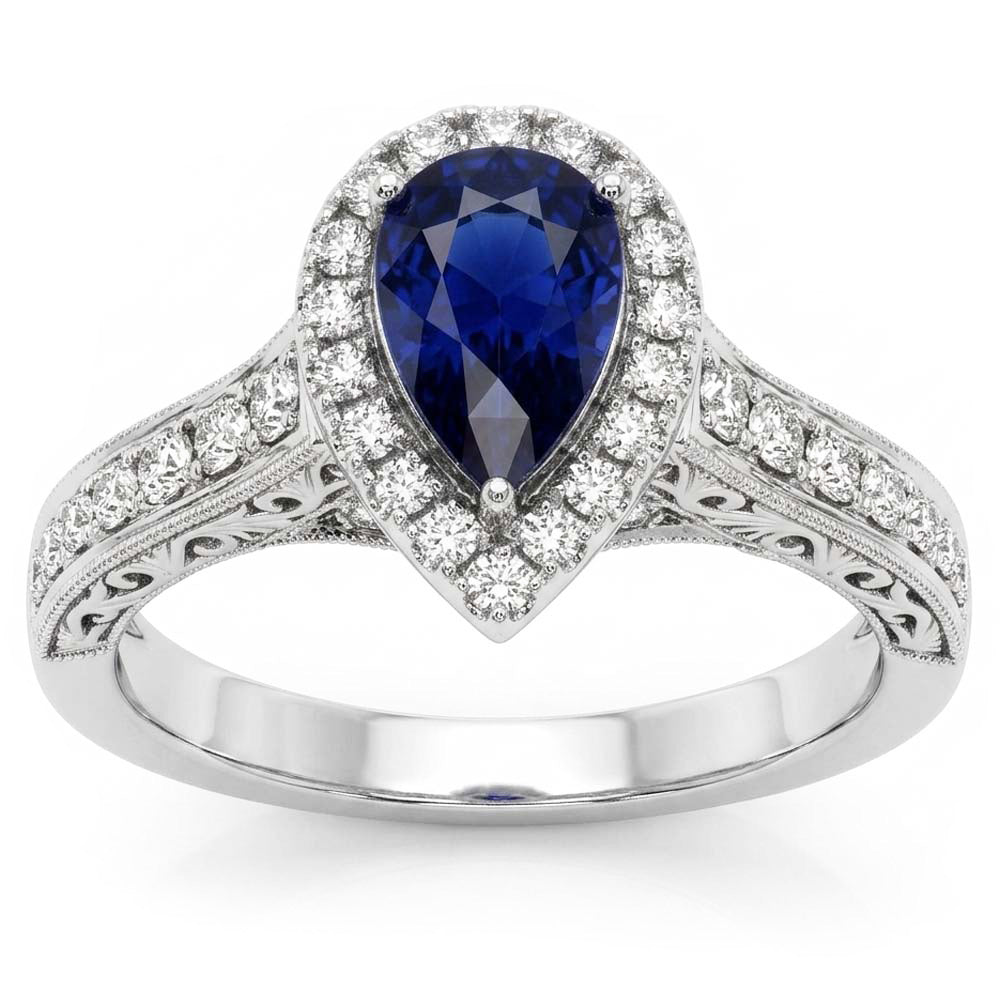 Halo Pear Cut Ceylon Sapphire Ring Antique Style Natural Earth Mined Diamond