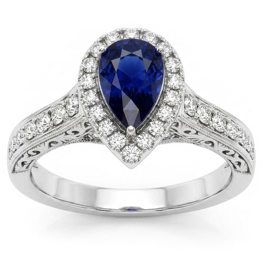 Halo Pear Cut Ceylon Sapphire Ring Antique Style Natural Earth Mined Diamond