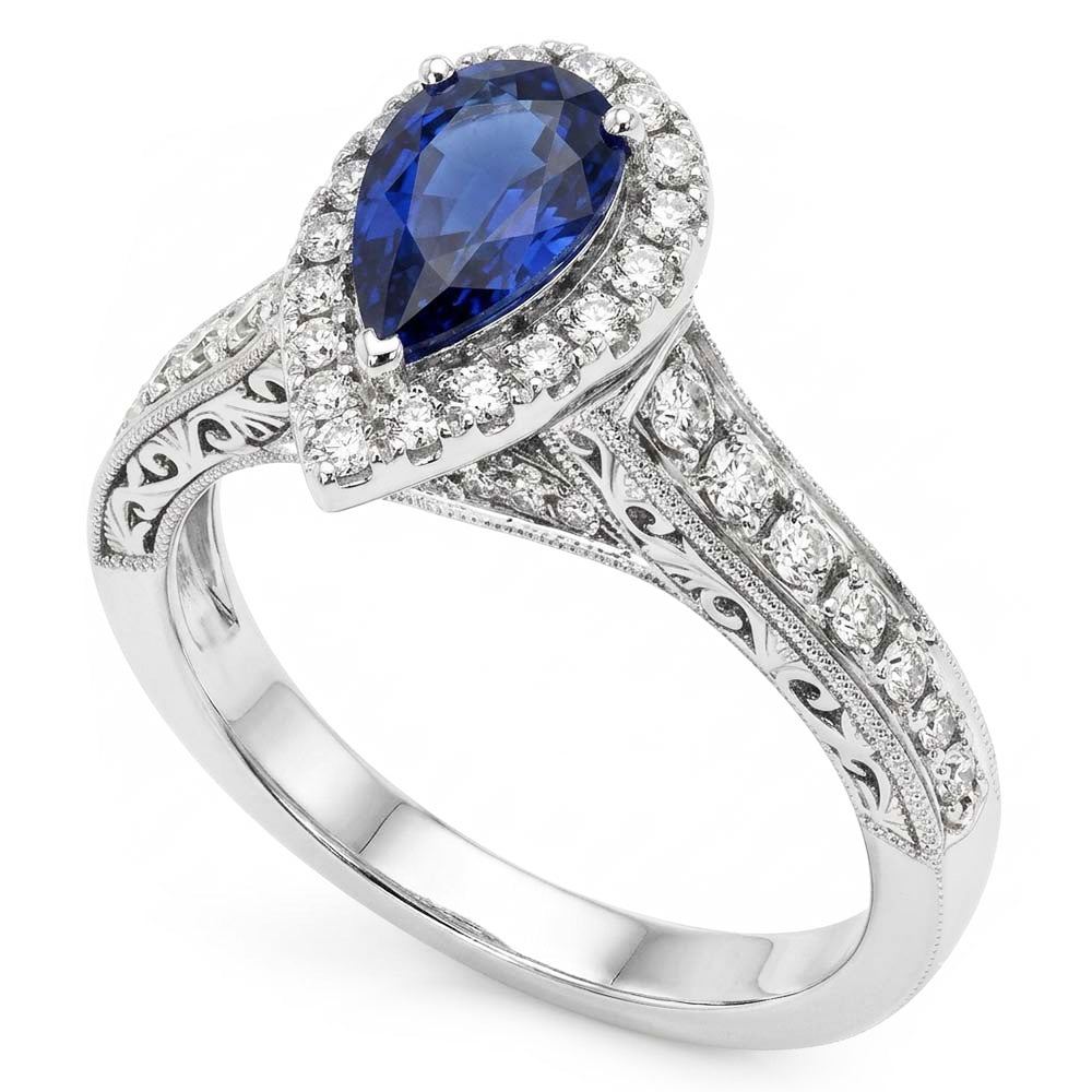 Halo Pear Cut Ceylon Sapphire Ring Antique Style Natural Earth Mined Diamond