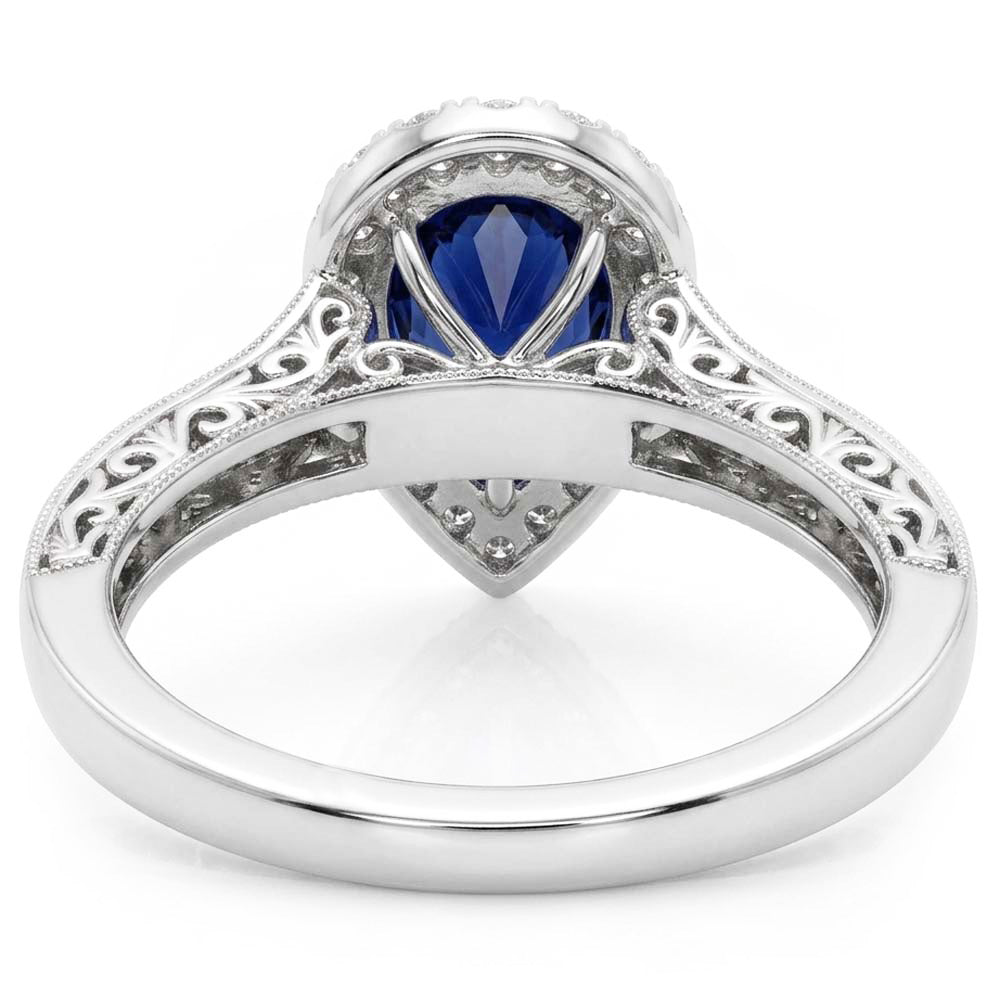 Halo Pear Cut Ceylon Sapphire Ring Antique Style Natural Earth Mined Diamond