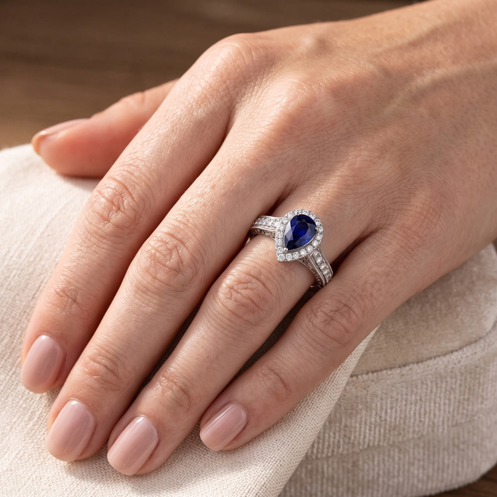 Halo Pear Cut Ceylon Sapphire Ring Antique Style Natural Earth Mined Diamond