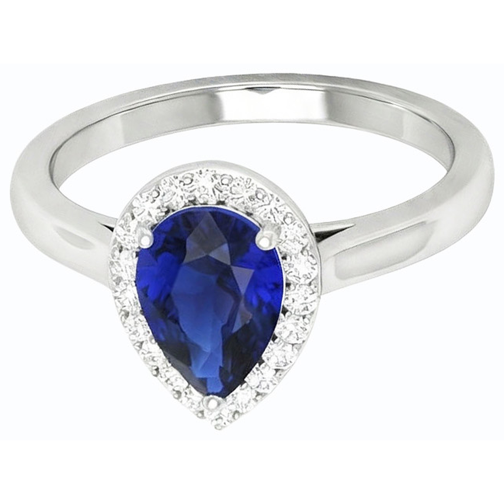 Halo Pear Deep Blue Sapphire Ring White Gold 3 Carats Jewellery
