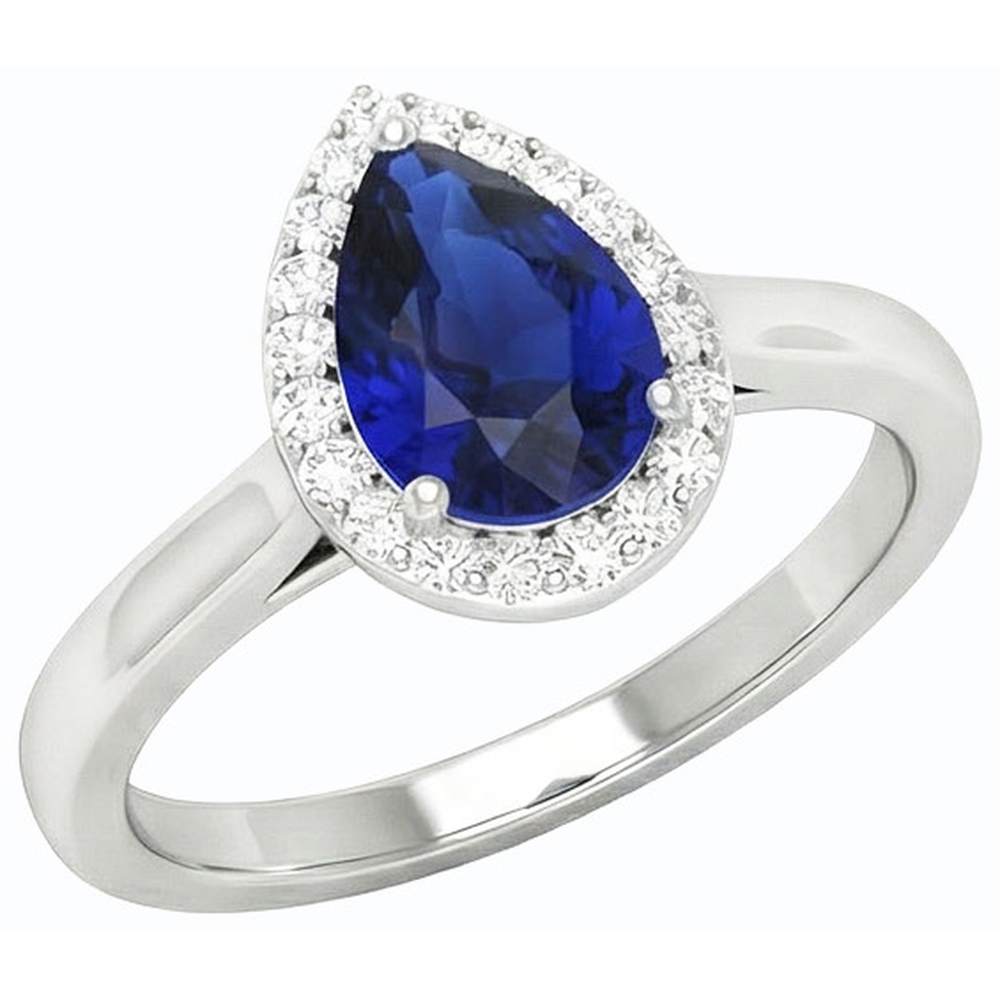 Halo Pear Deep Blue Sapphire Ring White Gold 3 Carats Jewellery