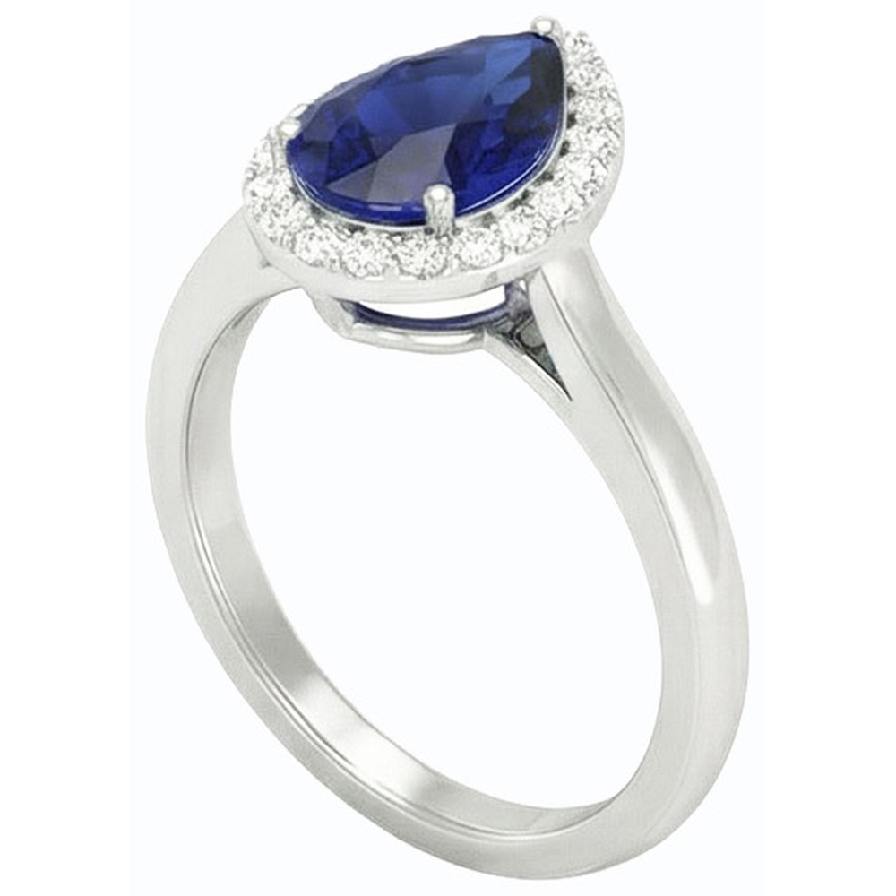Halo Pear Deep Blue Sapphire Ring White Gold 3 Carats Jewellery