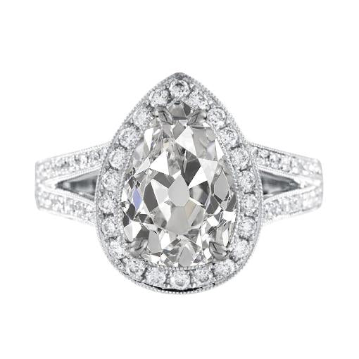 Halo Pear Genuine Old Mine Cut Diamond Ring 4.75 Carats Split Milgrain Shank