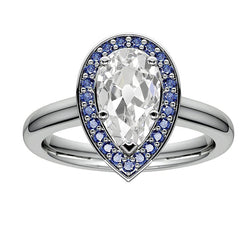 Halo Pear Old Miner Real Diamond Ring & Round Blue Sapphires 5 Carats