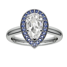 Halo Pear Old Miner Real Diamond Ring & Round Blue Sapphires 5 Carats