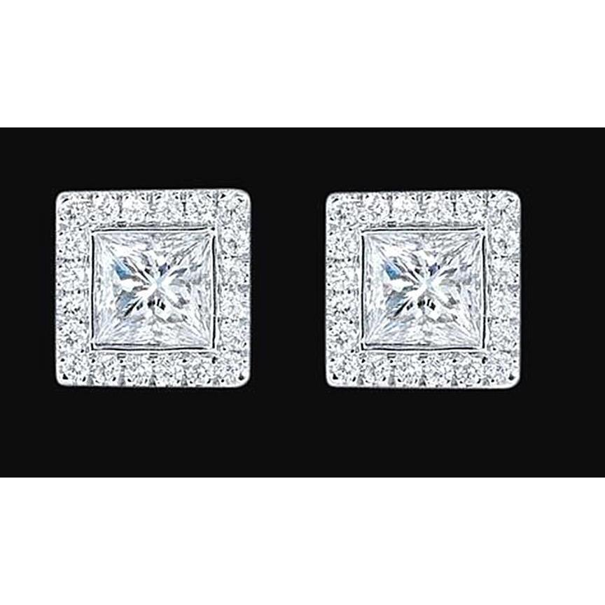 Halo Princess Genuine Diamond Stud Earring 2.4 Carat Jewelry New