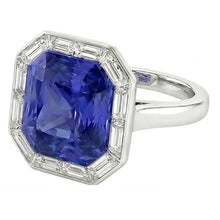 Halo Radiant Blue Sapphire Ring & Baguette Natural Earth Mined Diamonds 3.50 Carats
