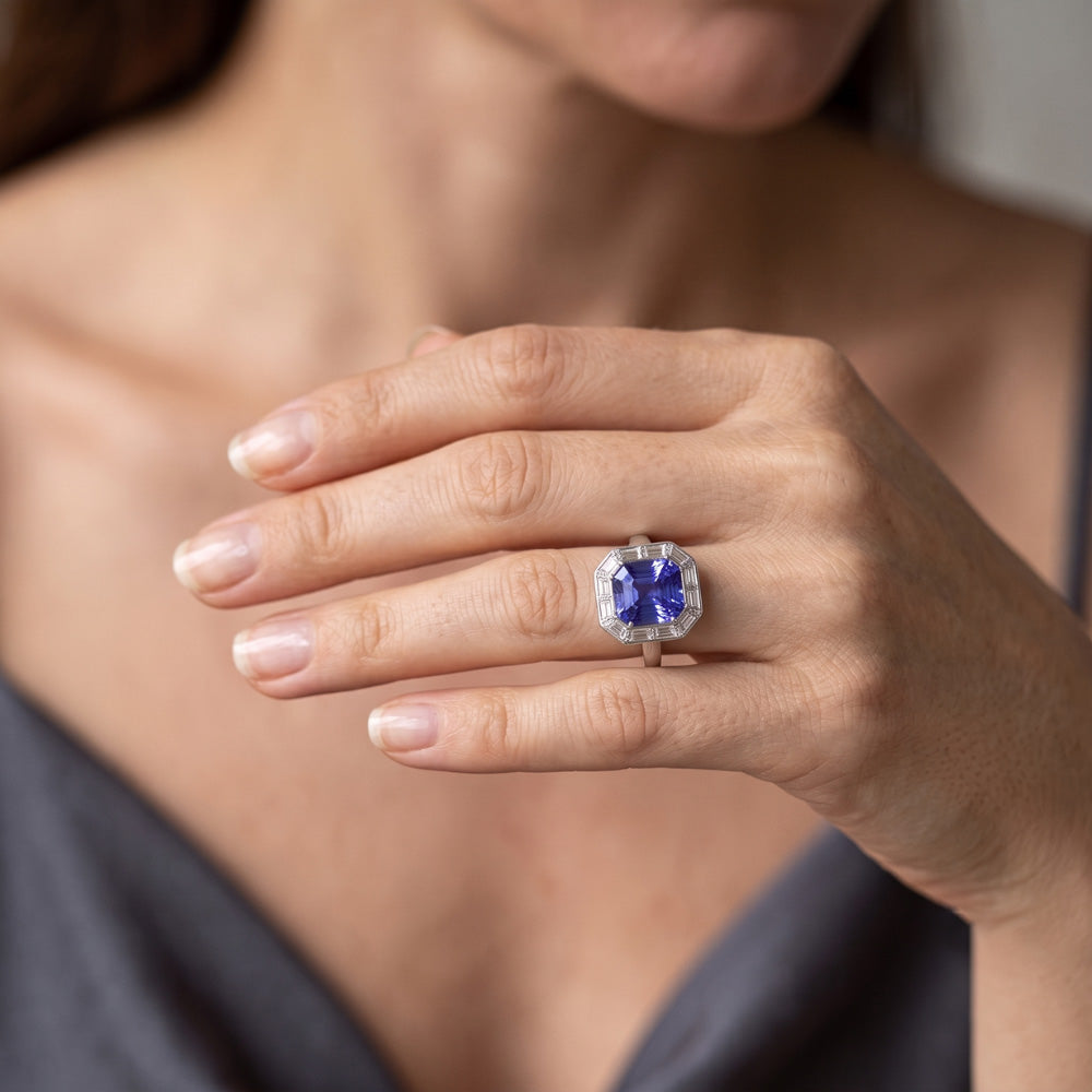 Halo Radiant Blue Sapphire Ring & Baguette Natural Earth Mined Diamonds 3.50 Carats