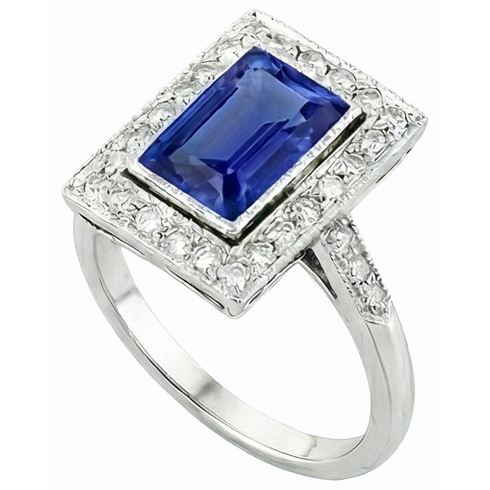 Halo Radiant Ceylon Sapphire Ring Antique Style & Natural Earth Mined Diamonds 4 Carats